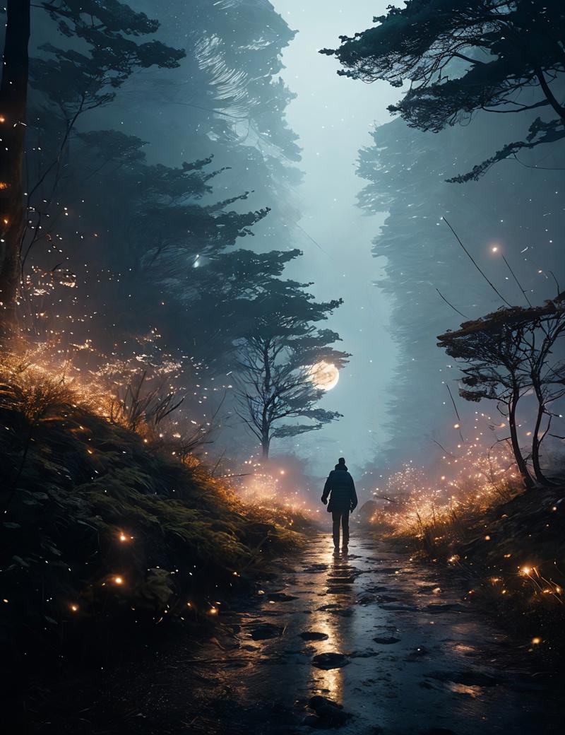 05016-3872453954-a man with walking along a narrow path, on the edges of which there is a cliff, the milky way, fireflies, stars, a moon, trends.jpg